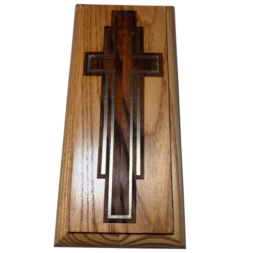 Art Deco Wood Wall Cross Plaque Oak Walnut Metal‎ Accents 9x4in